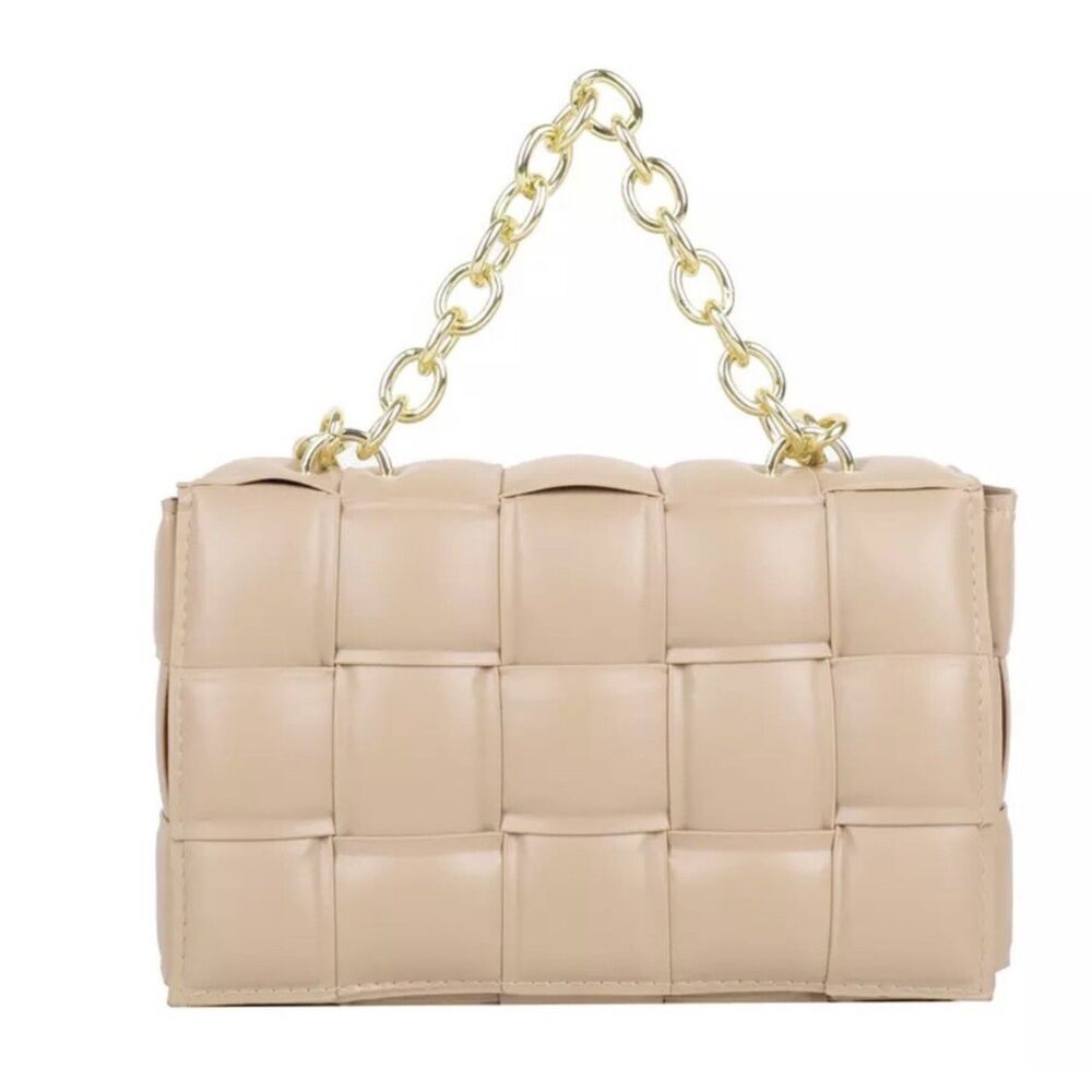 Cream Ivory Padded Woven Crossbody Bag Gold Chain Strap Convertible Purse